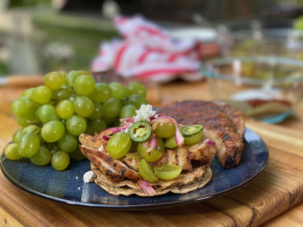 PHOTO: Pati Jinich's Grilled Chile Pork Chop and Pickled Grape Salad Tostada
