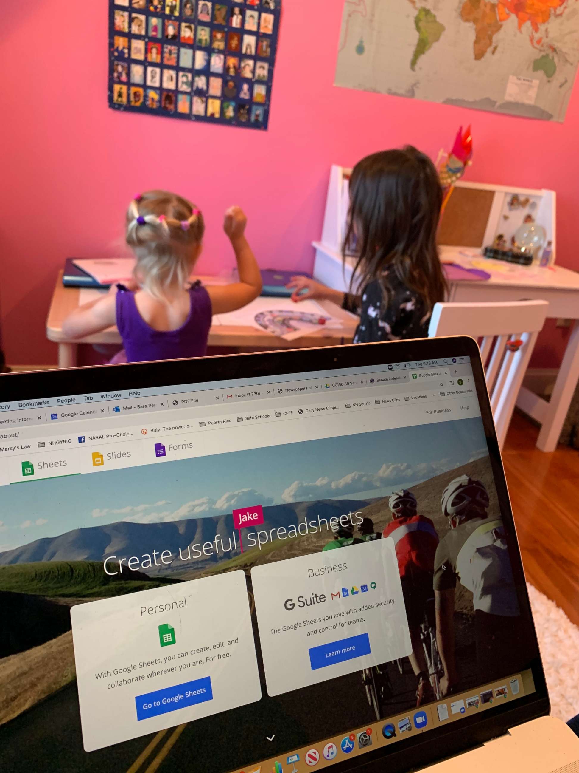 PHOTO: Sara Pereschino's daughters Kenley, 7, and Lucca, 4, do virtual learning while she works at home.