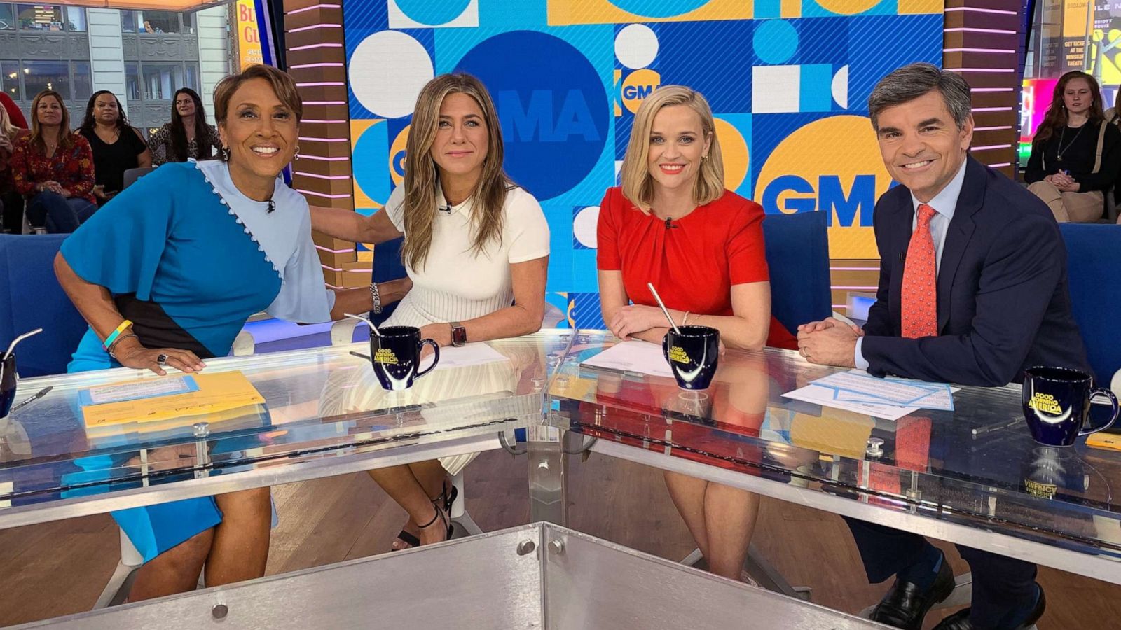 PHOTO: Jennifer Aniston and Reese Witherspoon appear on ABC's "Good Morning America" with Robin Roberts and George Stephanopoulos, Oct. 28, 2019