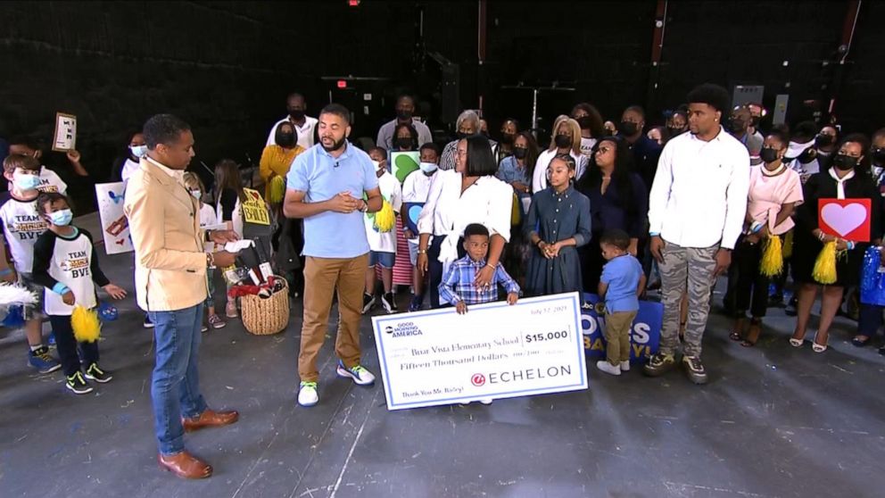 PHOTO: Tylan Bailey, a physical education teacher, was surprised live on "GMA" with a $15,000 donation from Echelon for his elementary school.