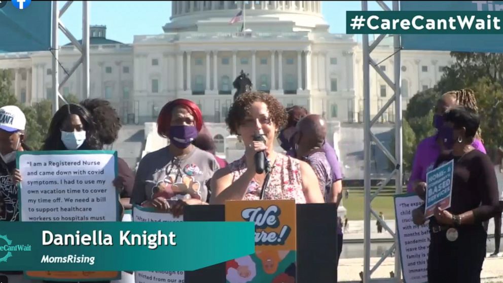PHOTO: Daniella Knight, a mom of three from Annapolis, Maryland, speaks at the #CareCantWait rally in Washington, DC, on Oct. 20, 2021.