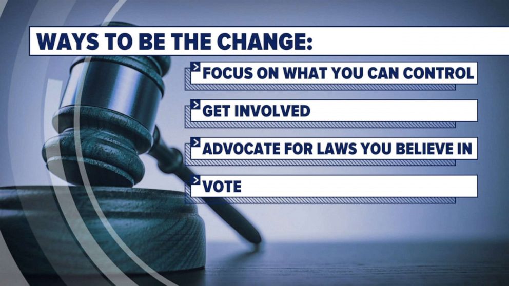 PHOTO: A graphic shown on ABC's "Good Morning America" on April 20, 2021,   provides advice on how to talk to children about the Derek Chauvin trial by listing suggestions on ways to "be the change."