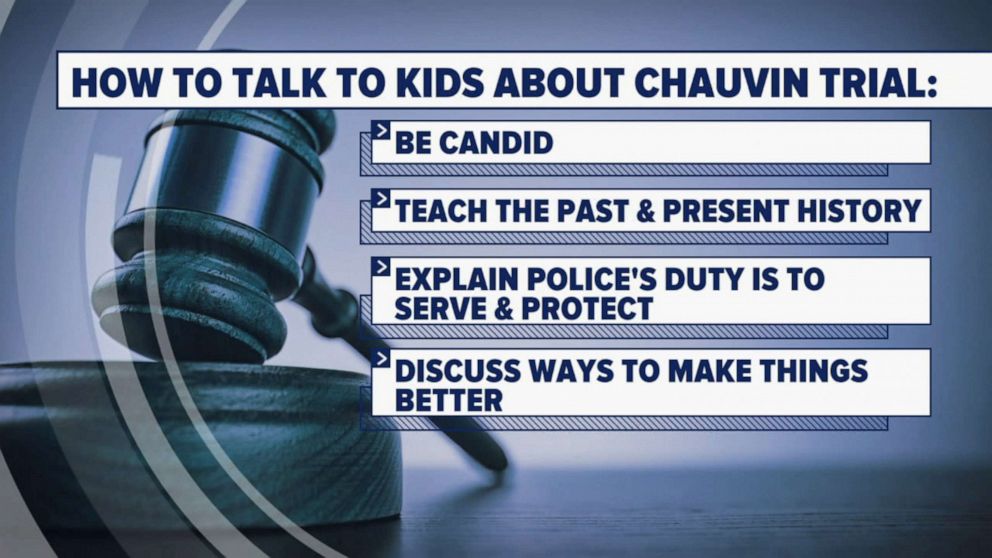 PHOTO: A graphic shown on ABC's "Good Morning America" on April 20, 2021, lists advice on how to talk to children about the Derek Chauvin trial.