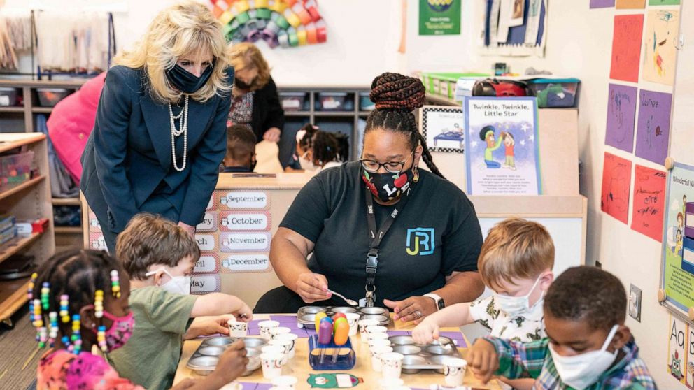 PHOTO: First Lady Jill Biden tours a classroom at the James Rushton Early Learning Center in Birmingham, Ala., April 9, 2021.