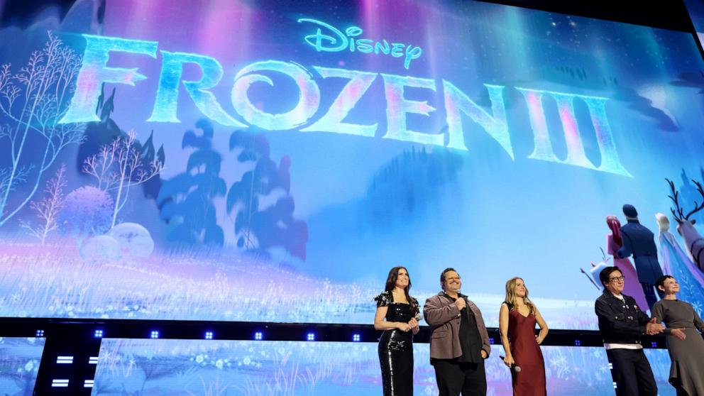 (L-R) Idina Menzel, Josh Gad, Kristen Bell, Ke Huy Quan, and Ginnifer Goodwin speak onstage at the Disney Entertainment Showcase at D23: The Ultimate Disney Fan Event on August 14, 2026 in Anaheim, California.