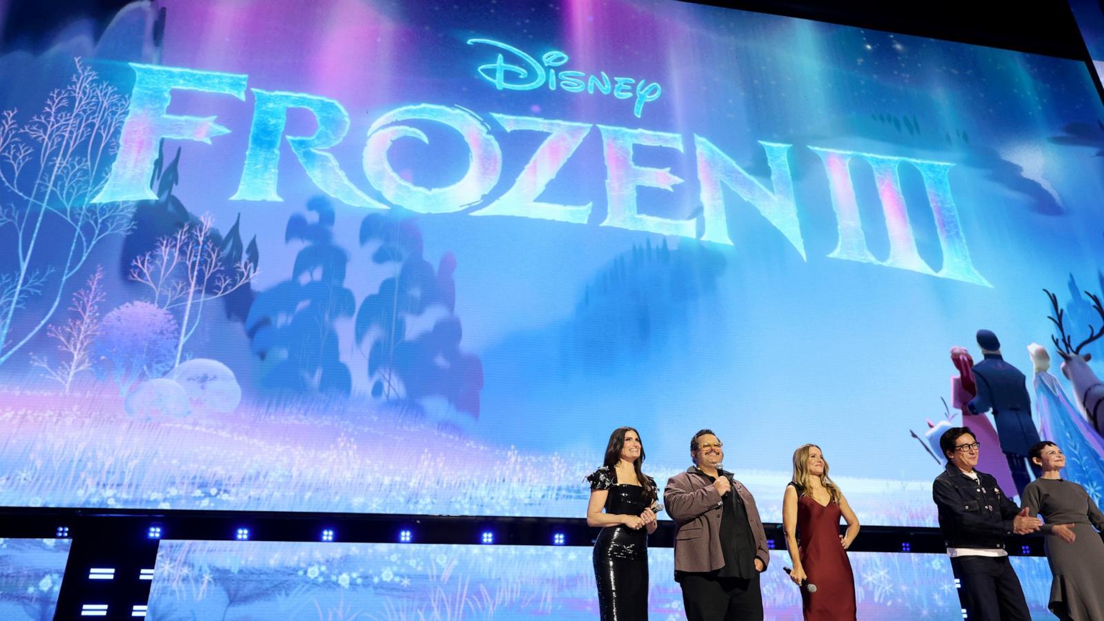 (L-R) Idina Menzel, Josh Gad, Kristen Bell, Ke Huy Quan, and Ginnifer Goodwin speak onstage at the Disney Entertainment Showcase at D23: The Ultimate Disney Fan Event on August 14, 2026 in Anaheim, California.