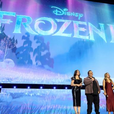 (L-R) Idina Menzel, Josh Gad, Kristen Bell, Ke Huy Quan, and Ginnifer Goodwin speak onstage at the Disney Entertainment Showcase at D23: The Ultimate Disney Fan Event on August 14, 2026 in Anaheim, California.