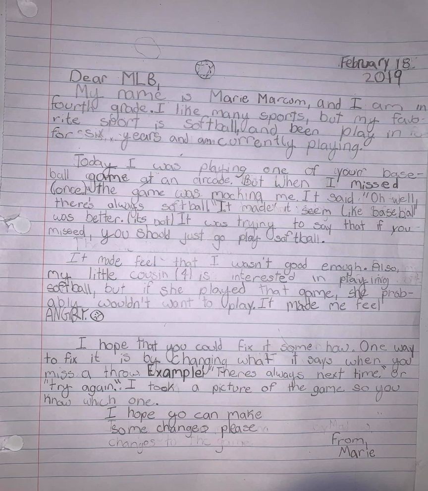 PHOTO: Nine-year-old Marie Marcum's letter to Major League Baseball