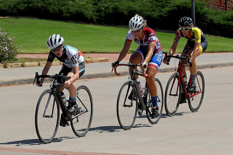 PHOTO: Hannah Jordan, front, races in a cycling competition.
