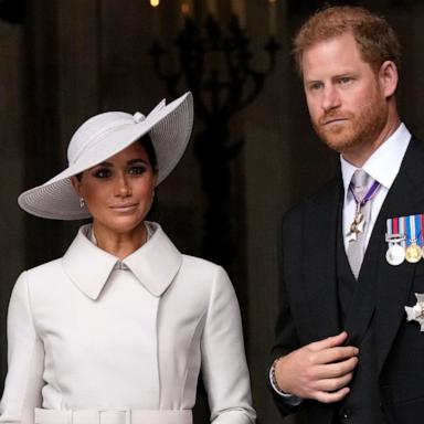 Prince Harry and Meghan Markle, Duke and Duchess of Sussex leave after a service of thanksgiving for the reign of Queen Elizabeth II at St Paul's Cathedral in London, Friday, June 3, 2022.