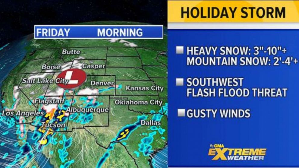 PHOTO: The storm is forecast to hit Arizona with heavy rain and potentially life-threatening flash flooding on Friday, while also dumping heavy snow across the mountains from California to Wyoming.