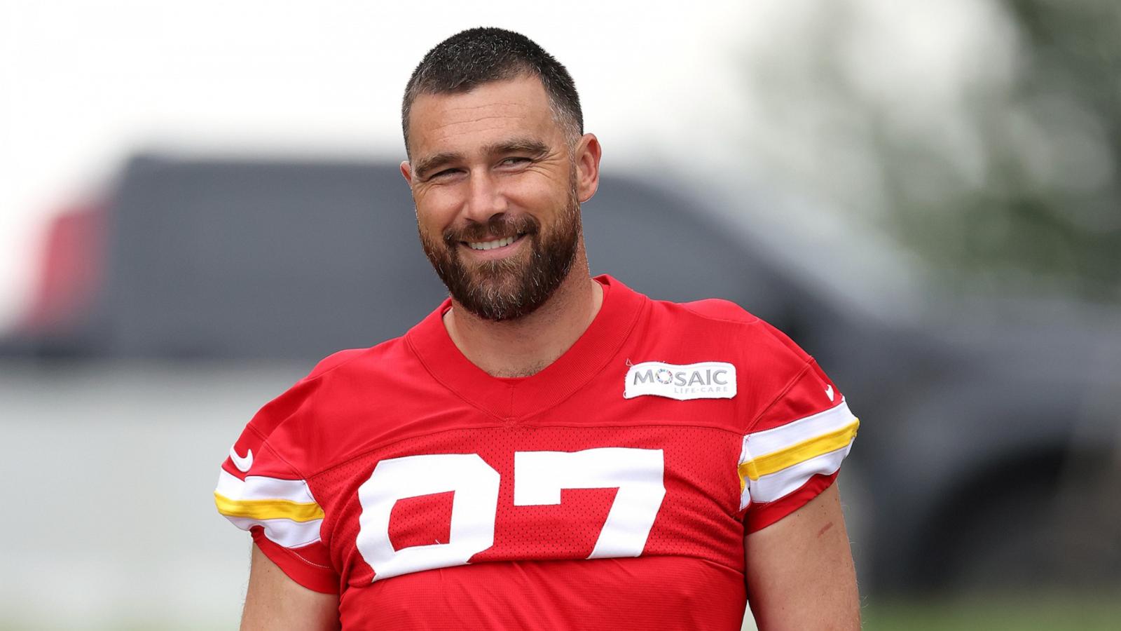 PHOTO: Tight end Travis Kelce #87 walks toward the practice field during Kansas City Chiefs training camp at Missouri Western State University on July 30, 2026 in St Joseph, Missouri.