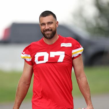 PHOTO: Tight end Travis Kelce #87 walks toward the practice field during Kansas City Chiefs training camp at Missouri Western State University on July 30, 2026 in St Joseph, Missouri. 