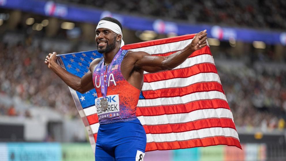 Kenneth Bednarek of the United States poses for photos following the Men's 200m Final during day seven of the World Athletics Championships Tokyo 2025 at National Stadium on September 19, 2025 in Tokyo, Japan. 