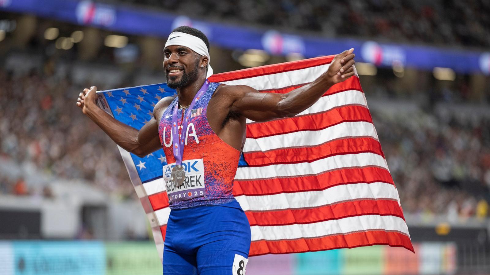 Kenneth Bednarek of the United States poses for photos following the Men's 200m Final during day seven of the World Athletics Championships Tokyo 2025 at National Stadium on September 19, 2025 in Tokyo, Japan.