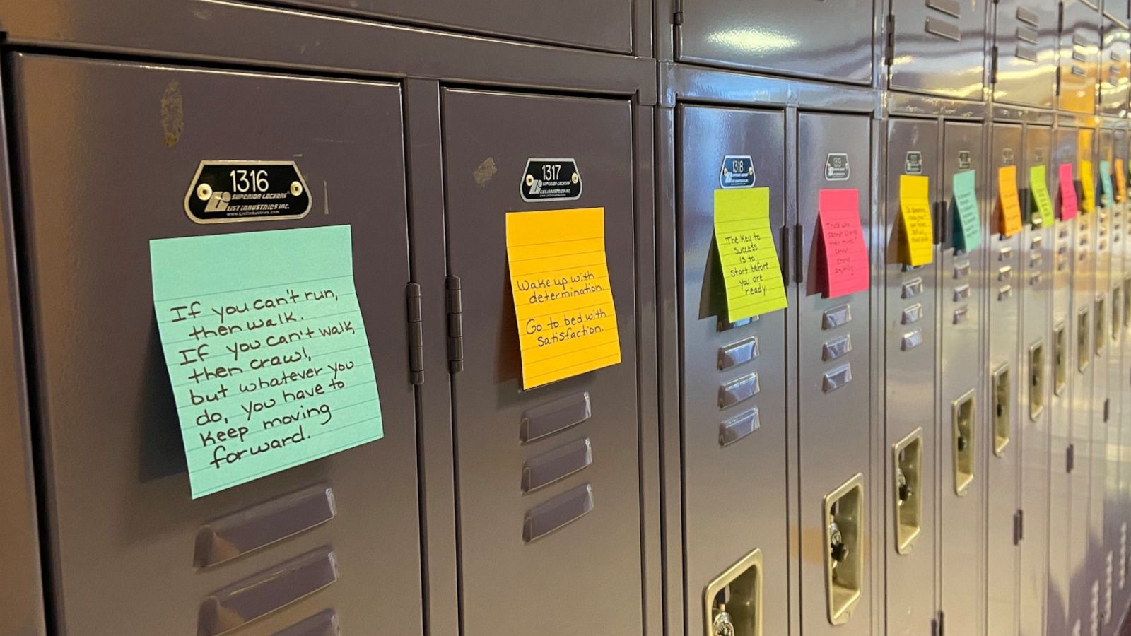 PHOTO: A parent posted 1,200 inspirational quotes/messages on students' lockers at Amsterdam High School in Amsterdam, New York.