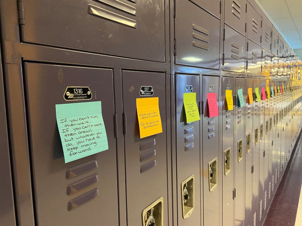 PHOTO: A parent posted 1,200 inspirational quotes/messages on students' lockers at Amsterdam High School in Amsterdam, New York. 