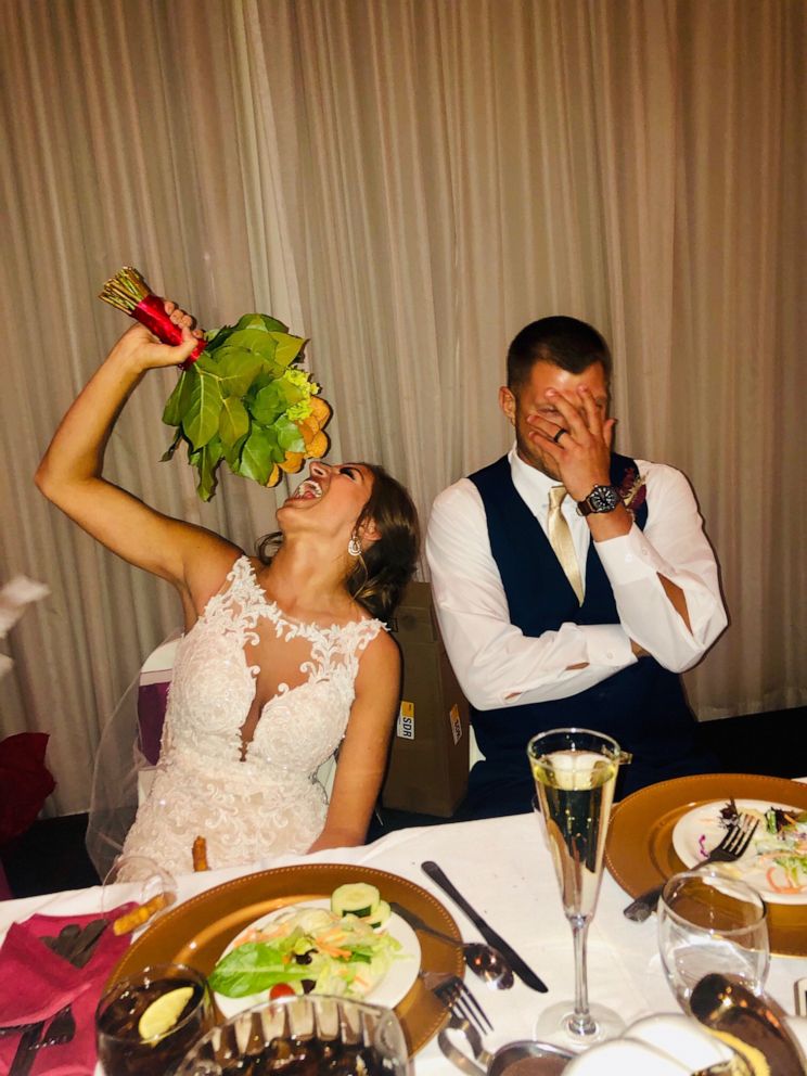PHOTO: Blair and Adam Tyson got the surprise of a lifetime when they toasted with a chicken nugget bouquet supplied by the Tyson brand at their wedding reception on Oct. 12.