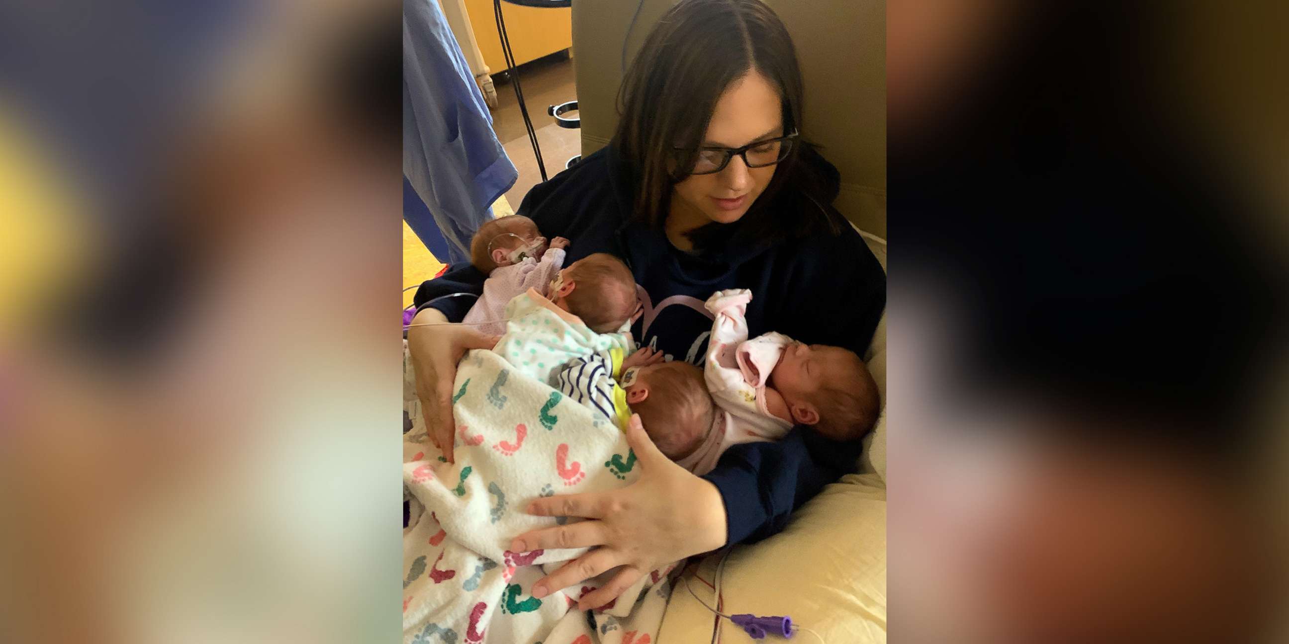 PHOTO: Taylor Becher, of Minnesota, holds her identical quadruplet daughters who were born on March 11, 2020.