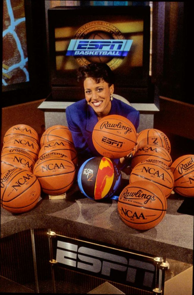 PHOTO: Bristol, CT - September 1, 1996 - ESPN Campus:.On air talent member Robin Roberts is shown posing with basketballs on the studio set back in 1996