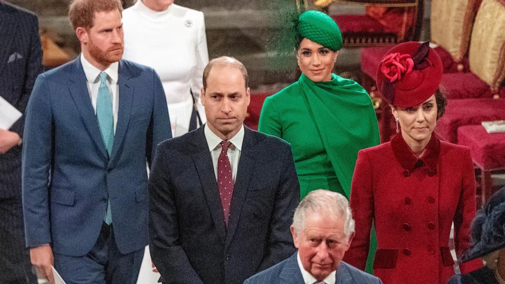Prince Harry, Duke of Sussex (L) and Britain's Meghan, Duchess of Sussex (2nd R) follow Prince William, Duke of Cambridge (C) and Catherine, Duchess of Cambridge (R) as they depart Westminster Abbey on March 9, 2020. 