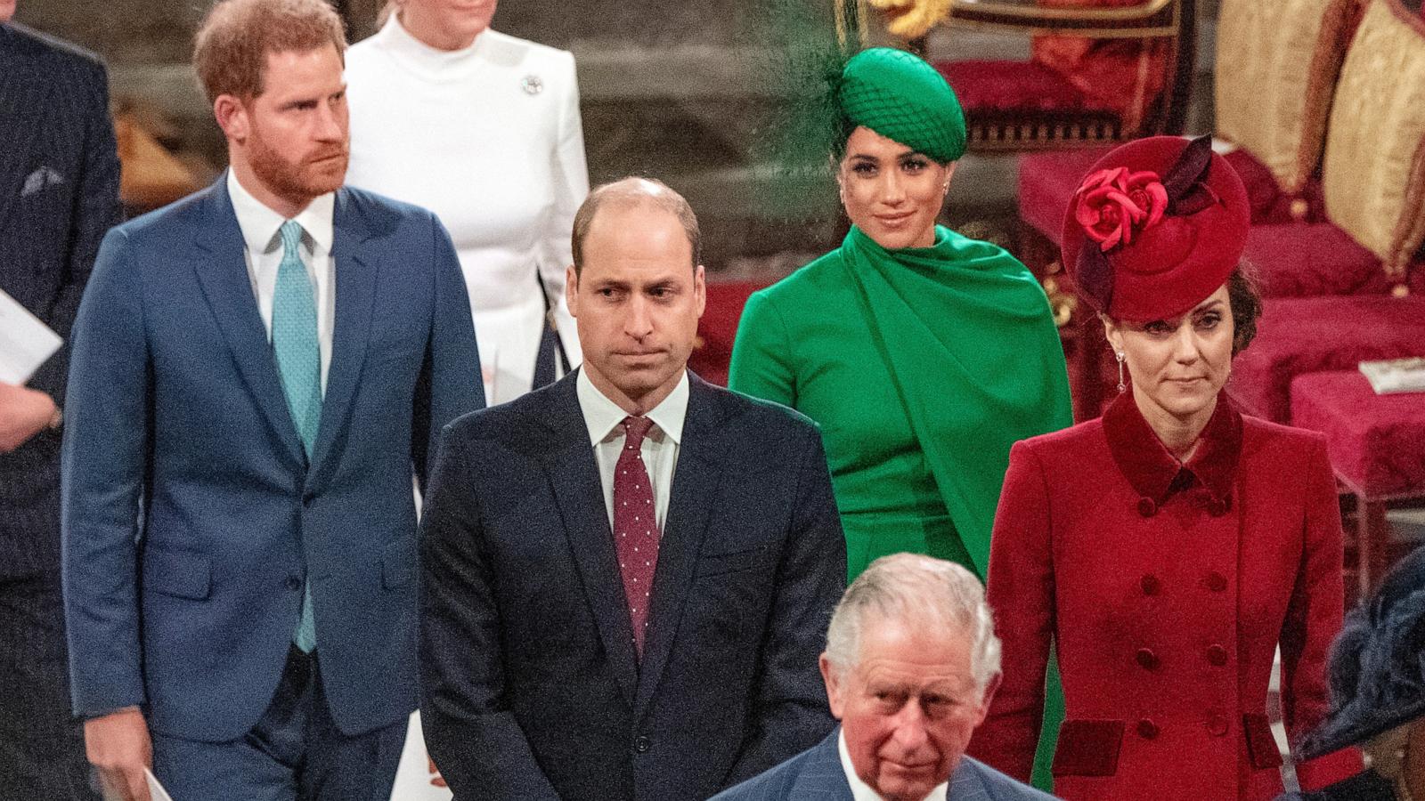 Prince Harry, Duke of Sussex (L) and Britain's Meghan, Duchess of Sussex (2nd R) follow Prince William, Duke of Cambridge (C) and Catherine, Duchess of Cambridge (R) as they depart Westminster Abbey on March 9, 2020.