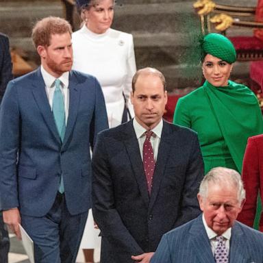 Prince Harry, Duke of Sussex (L) and Britain's Meghan, Duchess of Sussex (2nd R) follow Prince William, Duke of Cambridge (C) and Catherine, Duchess of Cambridge (R) as they depart Westminster Abbey on March 9, 2020. 