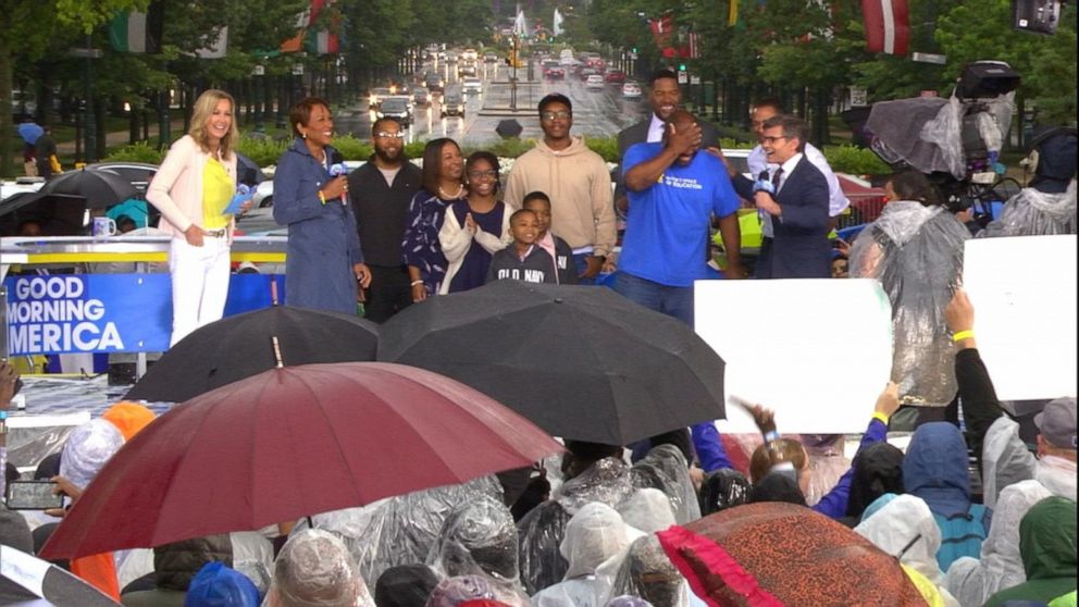 PHOTO: Charles Reyes, a father of five, is surprised live on "Good Morning America" in Philadelphia.