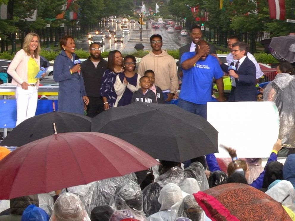 PHOTO: Charles Reyes, a father of five, is surprised live on Good Morning America in Philadelphia.