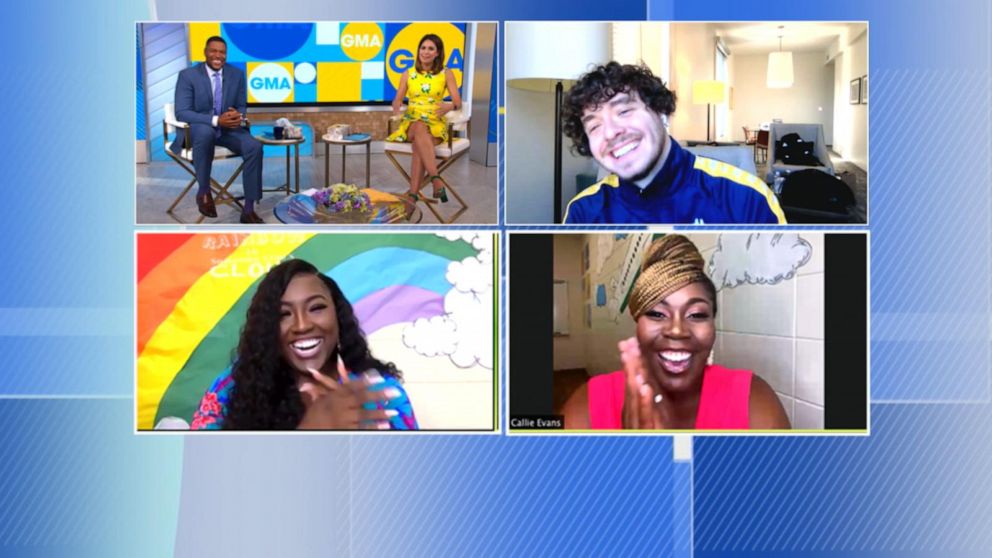 PHOTO: Jack Harlow surprised Audrianna Williams and Callie Evans live on "GMA" to chat about their back to school rap.