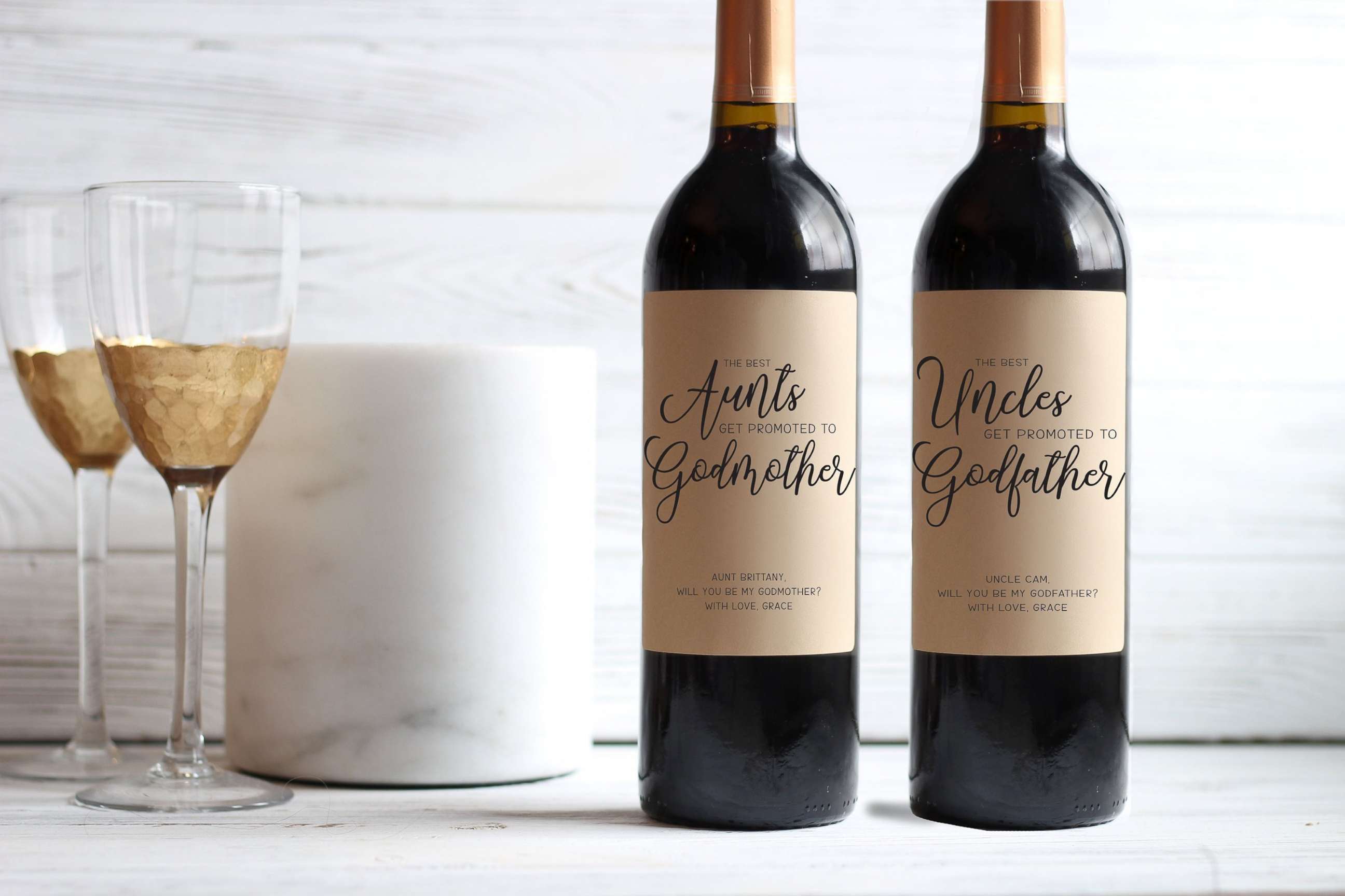 PHOTO: Wine labels with printed godparent proposals are pictured in an undated promotional image from PapersWithLove on Etsy.