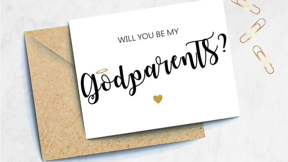 A "Will you be my Godparents?" proposal card is pictured from the TotalPaperBoutique Etsy store.