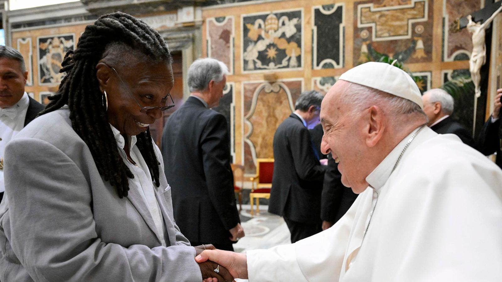 PHOTO: Pope Francis meets with Whoopi Goldberg during an audience with artists from the world of humour at the Apostolic Palace on June 14, 2024 in Vatican City, Vatican.
