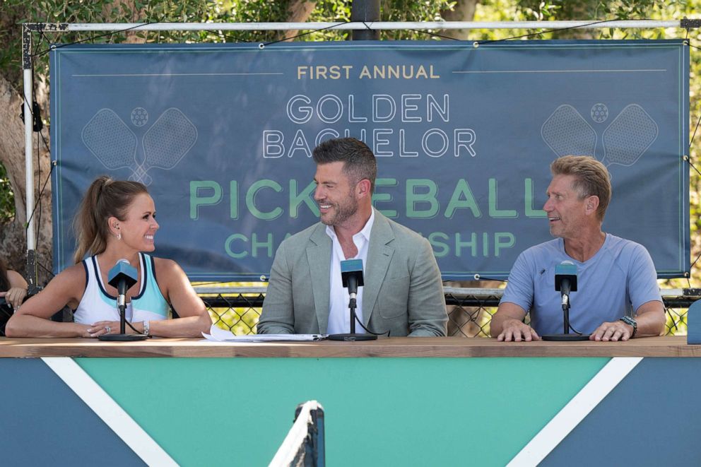 PHOTO: Former Bachelorette Trista Sutter and upcoming Bachelor Joey Graziadei appear with Gerry Turner on "The Golden Bachelor."