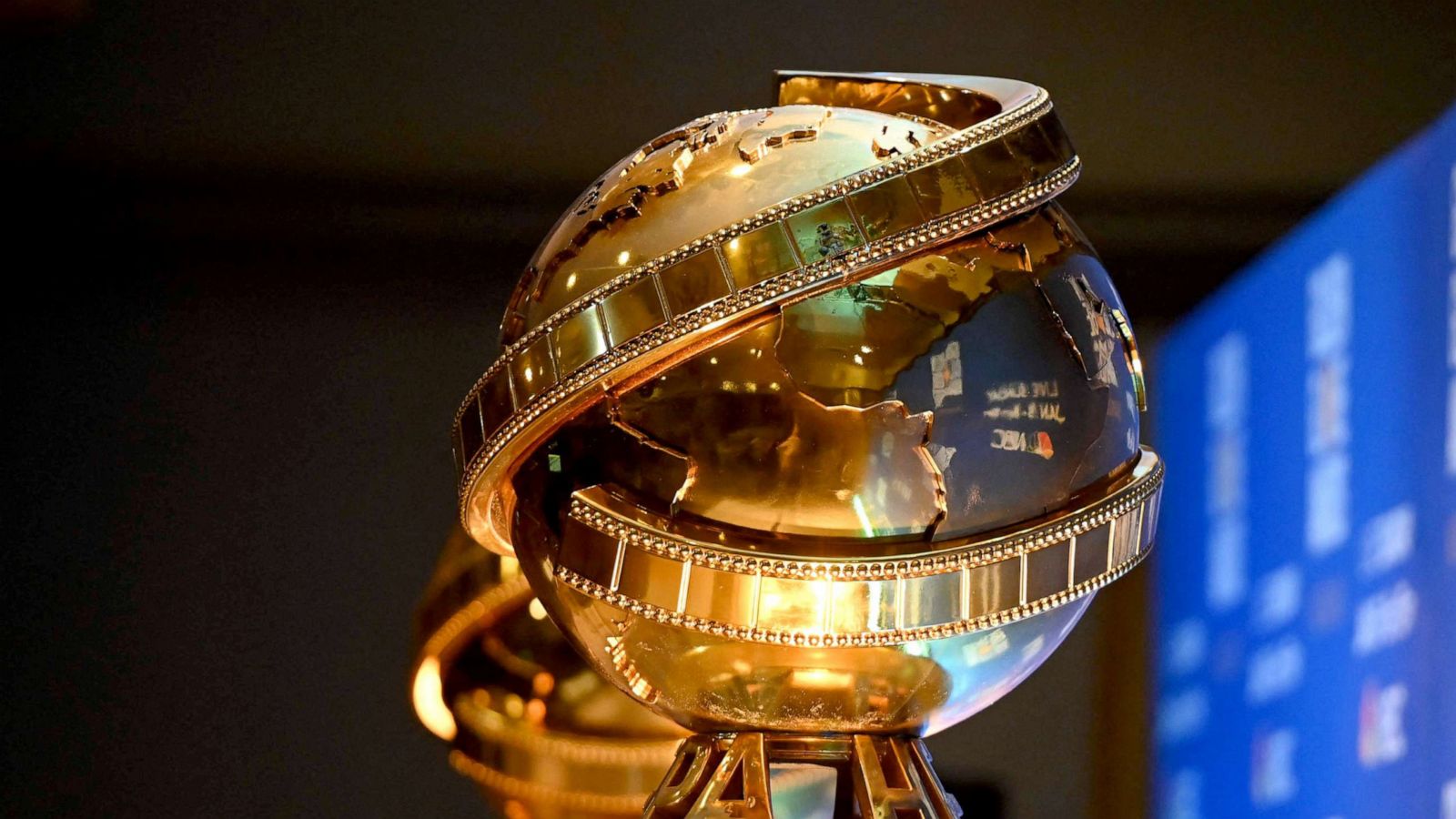 PHOTO: A Golden Globe trophy sits by the stage ahead of the 77th Annual Golden Globe Awards nominations announcement in Beverly Hills Feb. 28, 2021.