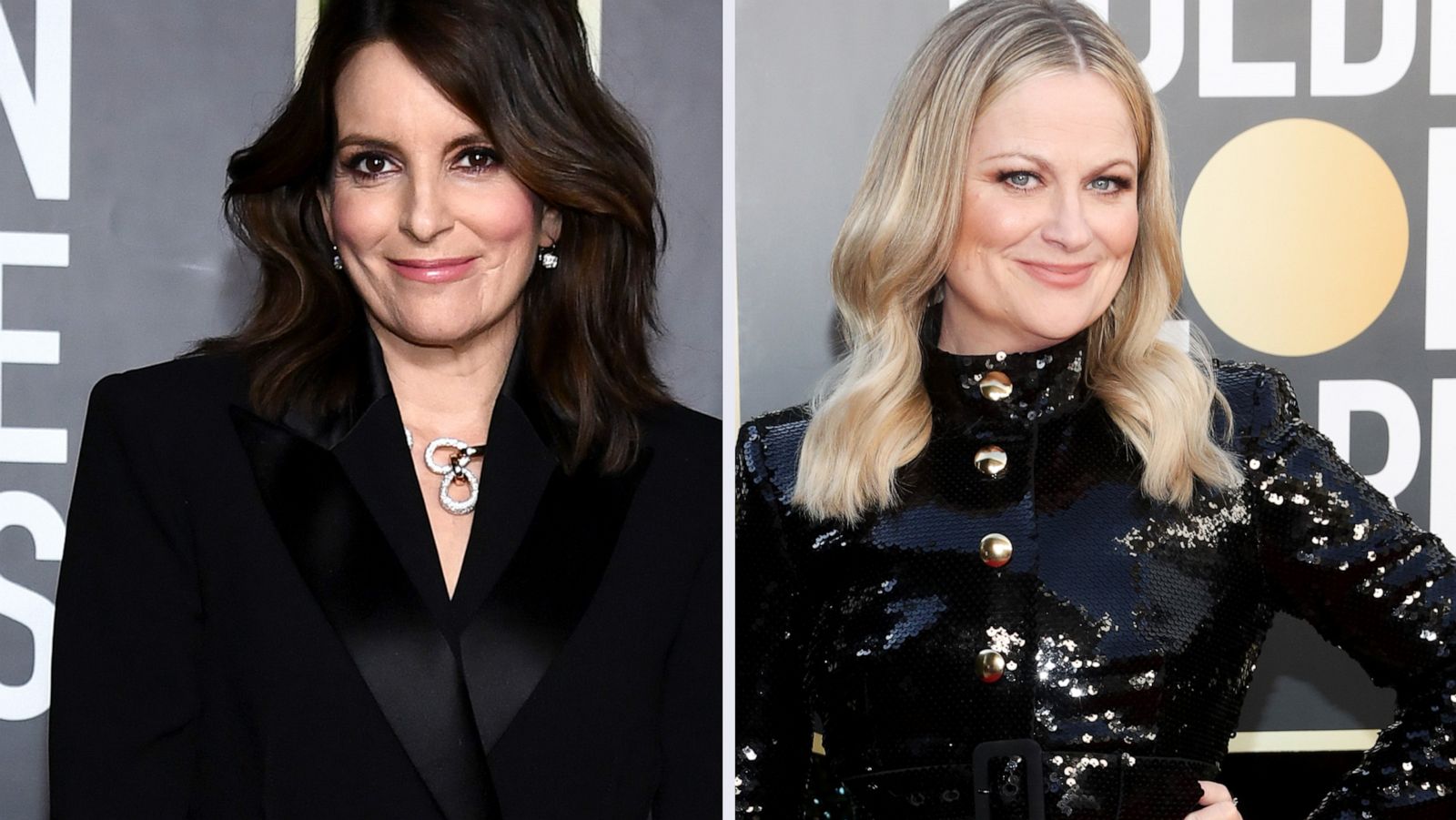 PHOTO: Tina Fey and Amy Poehler are arrive to co-host the Golden Globes Awards in New York and Beverly Hills, Calif., respectively on Feb. 28, 2021.