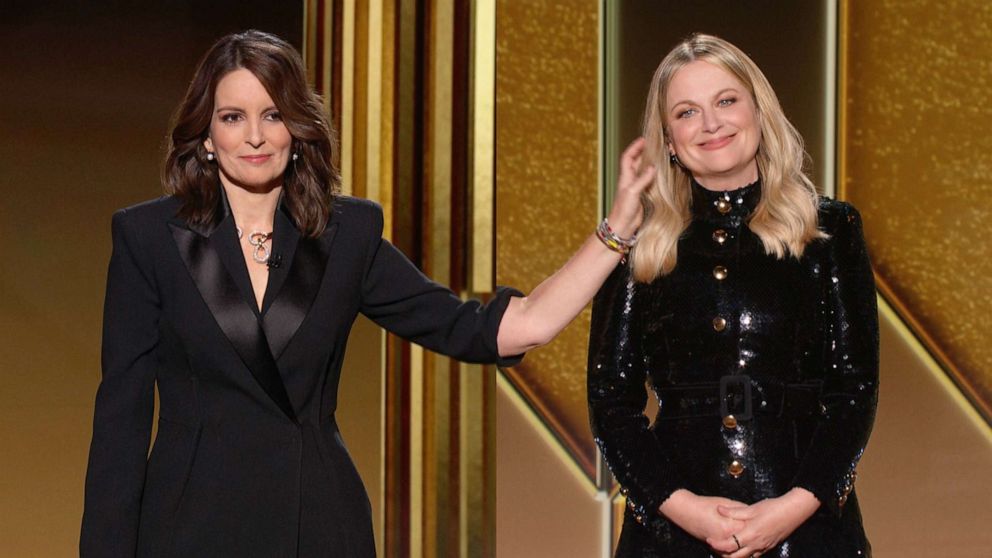 PHOTO: Co-hosts Tina Fey and Amy Poehler speak onstage at the 78th Annual Golden Globe Awards broadcast on Feb. 28, 2021. 