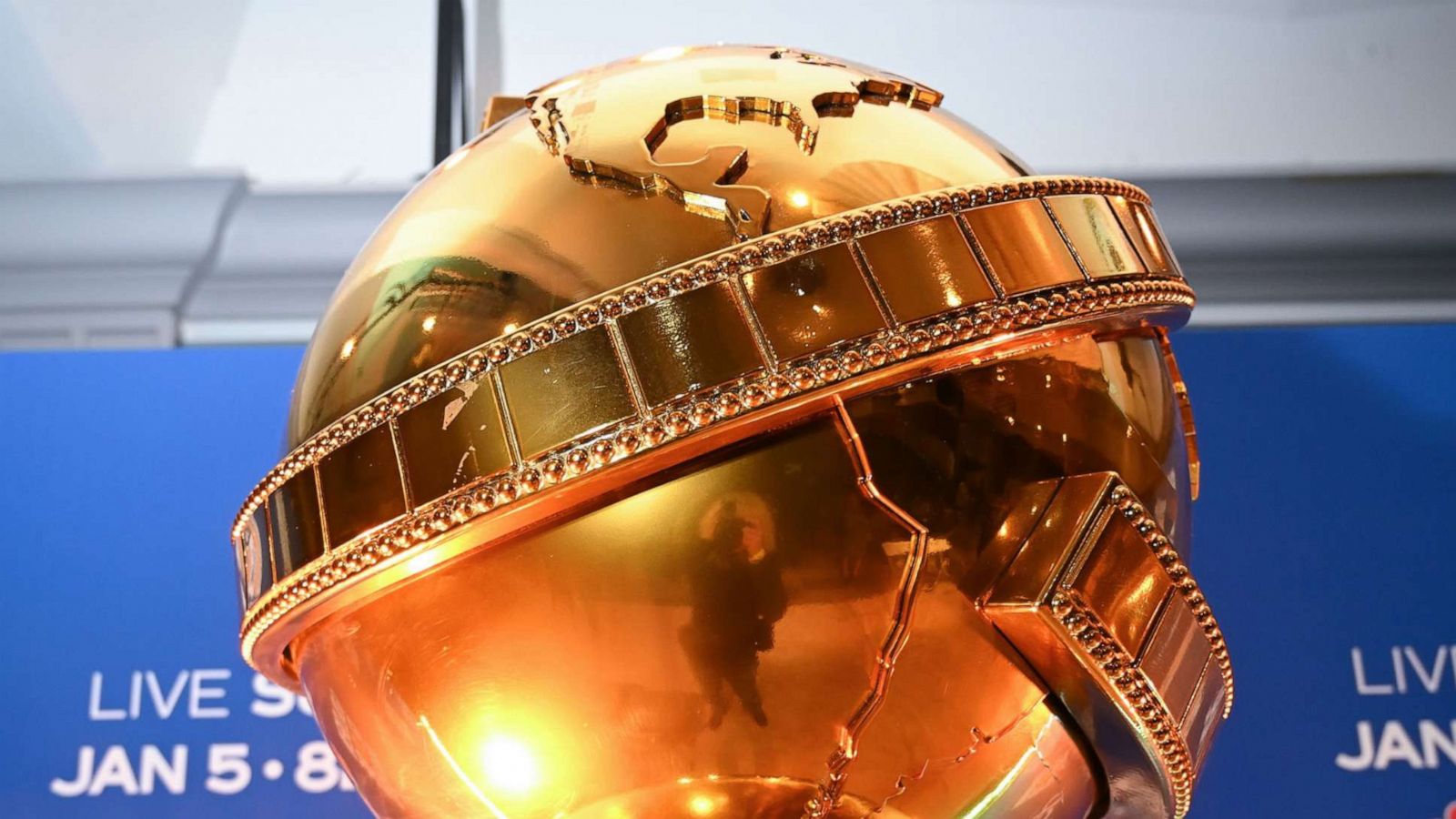 PHOTO: A giant Golden Globe trophy is set on stage ahead of the 77th Annual Golden Globe Awards nominations announcement at the Beverly Hilton hotel in Beverly Hills, Calif., Dec. 9, 2019.