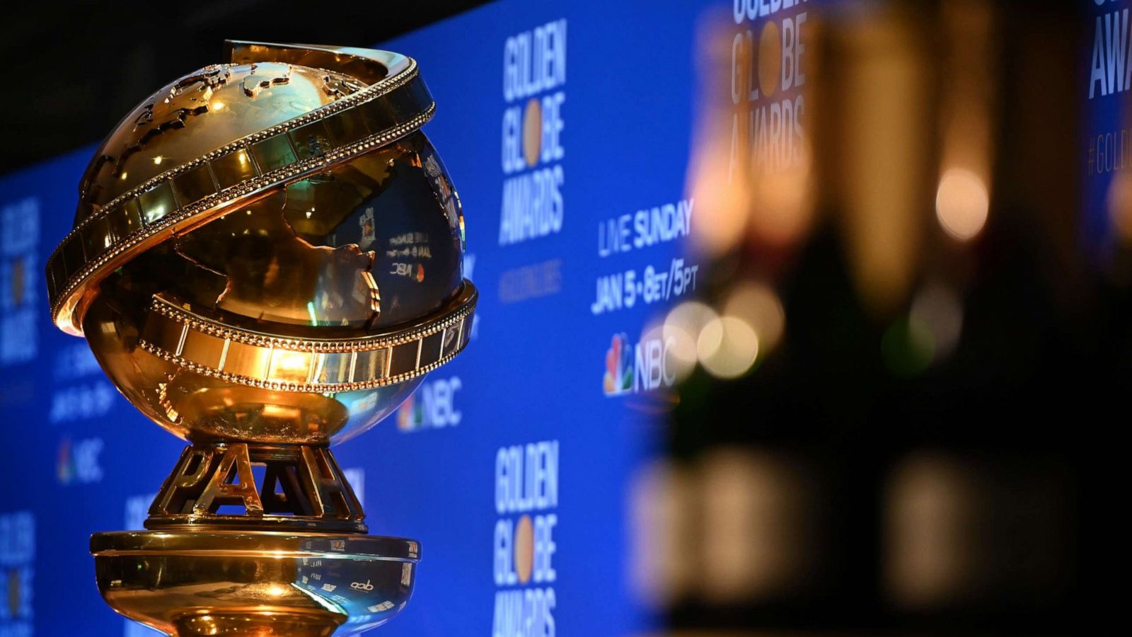 PHOTO: A Golden Globe trophy is set by the stage ahead of the 77th Annual Golden Globe Awards nominations announcement at the Beverly Hilton hotel, Dec. 9, 2019.