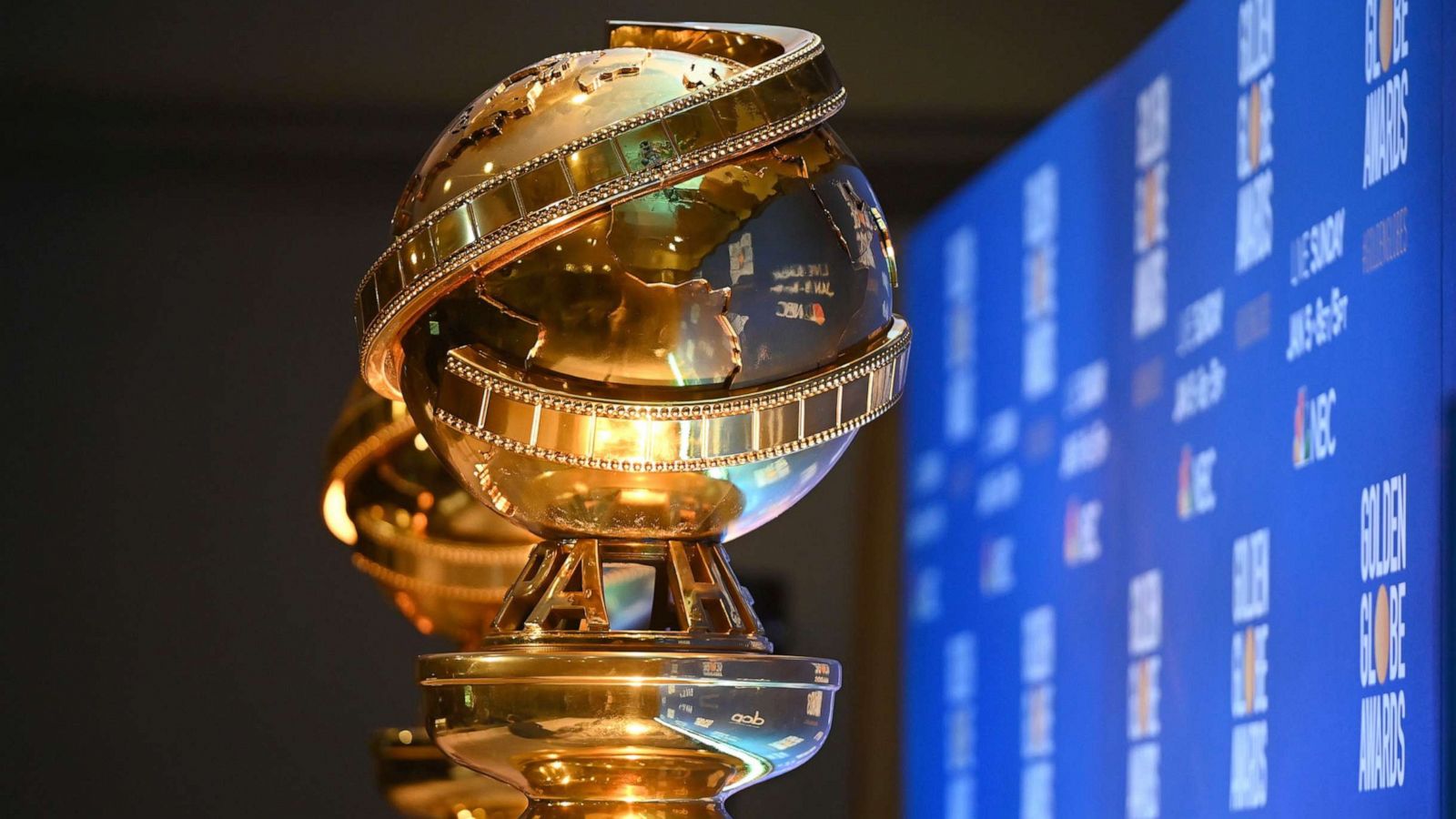 PHOTO: Golden Globe trophies are positioned next to the stage ahead of the 77th Annual Golden Globe Awards nominations announcement, Dec. 9, 2019, in Beverly Hills, Calif.