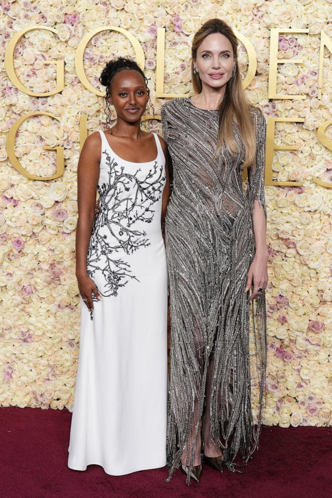 PHOTO: Zahara Jolie, left, and Angelina Jolie arrive at the 82nd Golden Globes on Jan. 5, 2025, at the Beverly Hilton in Beverly Hills, Calif.