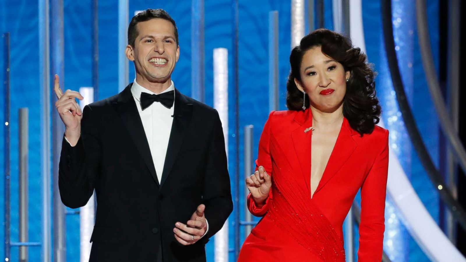 PHOTO: Hosts Andy Samberg and Sandra Oh speak onstage during the 76th annual Golden Globe awards at the Beverly Hilton Hotel, Jan. 6, 2019 in Beverly Hills, Calif.