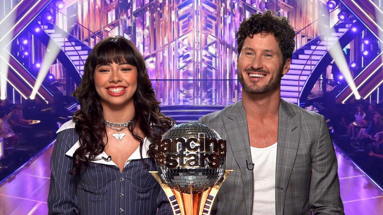 PHOTO: Xochitl Gomez and Val Chmerkovskiy talk winning the mirror ball trophy on "Dancing With The Stars" during an interview with Good Morning America, Dec. 6, 2023.