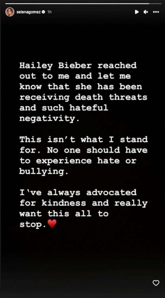 PHOTO: Actress Selena Gomez posted a message in support of Hailey Bieber and against hate speech on Instagram, March 24, 2023.