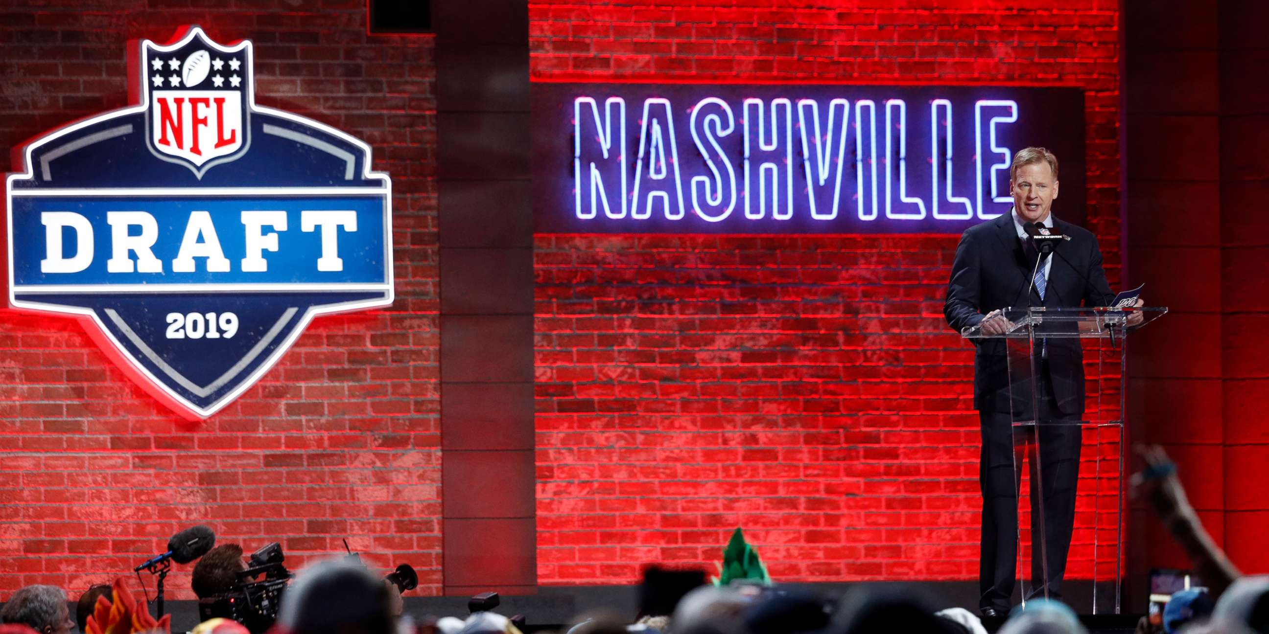 PHOTO: NFL Commissioner Roger Goodell on stage during the first round of the NFL Draft on April 25, 2019 in Nashville.