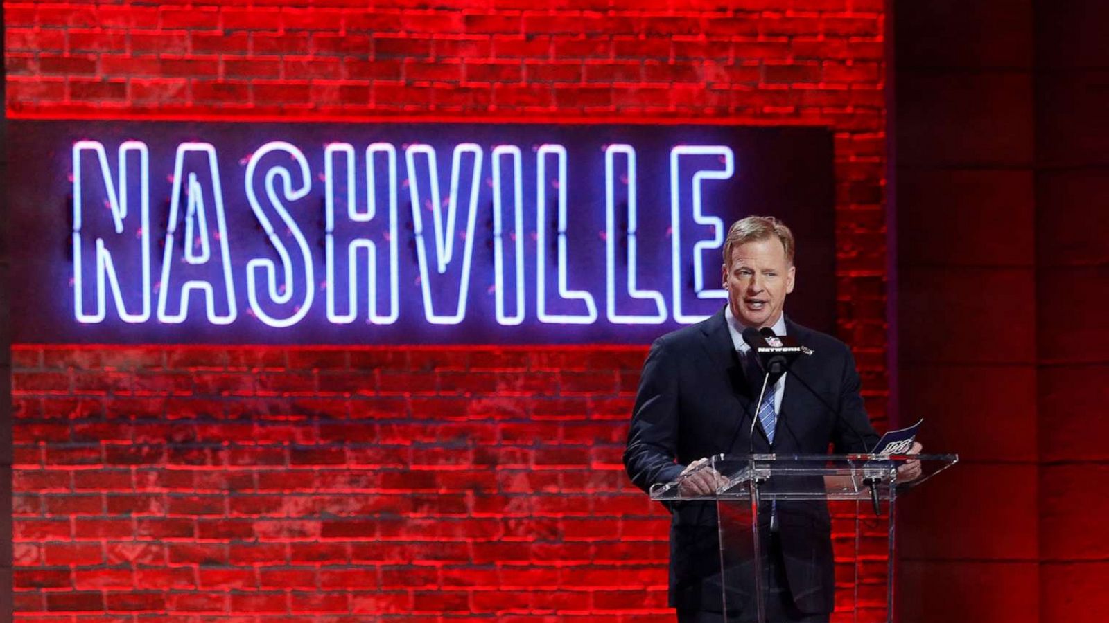 PHOTO: NFL Commissioner Roger Goodell on stage during the first round of the NFL Draft on April 25, 2019 in Nashville.