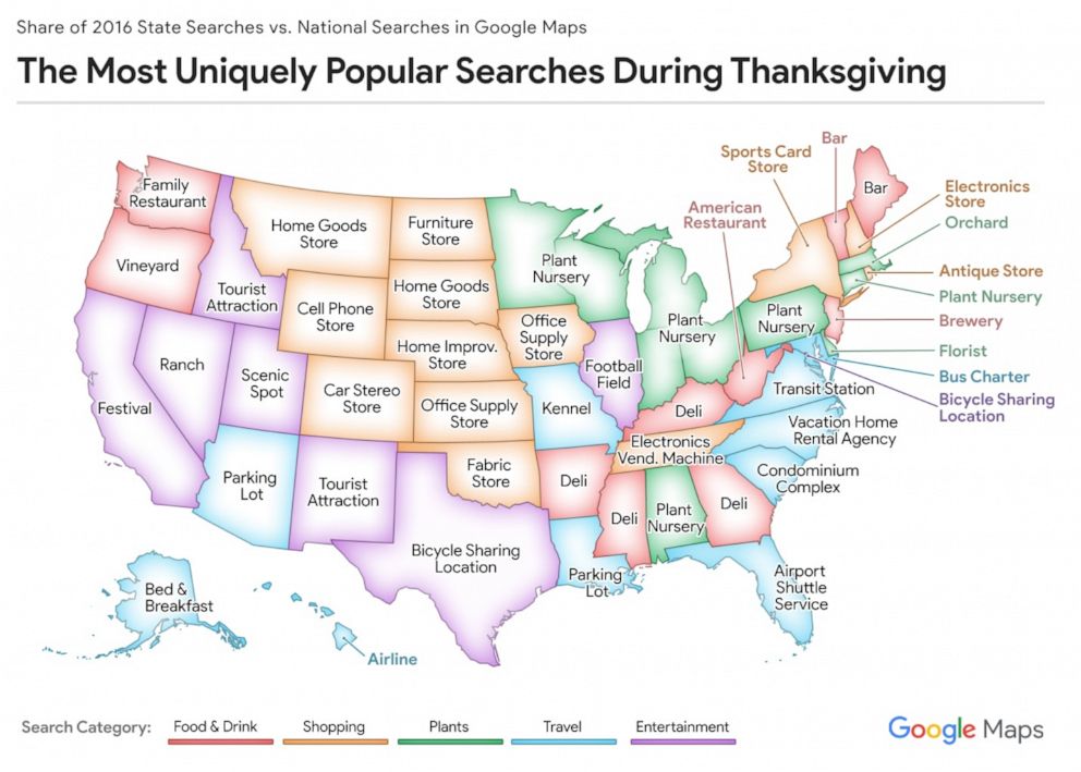 PHOTO: Google mapped search trends analysis for the Thanksgiving holiday period.
