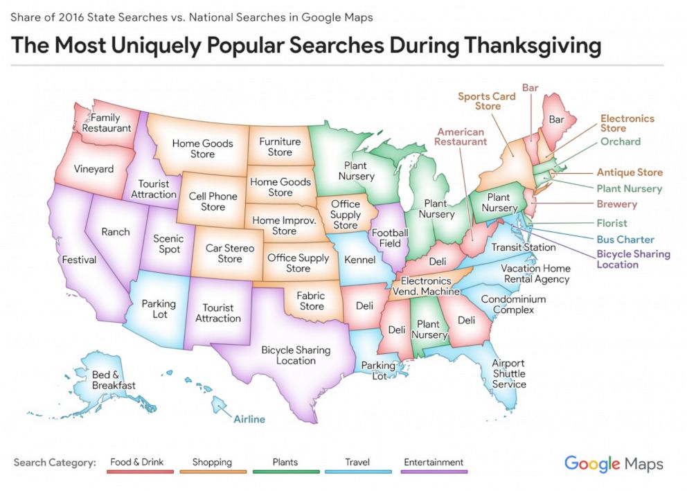 PHOTO: Google mapped search trends analysis for the Thanksgiving holiday period.