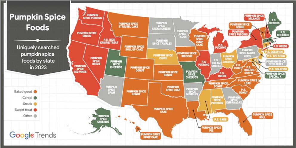 PHOTO: A map of U.S. search trends for pumpkin spice foods.