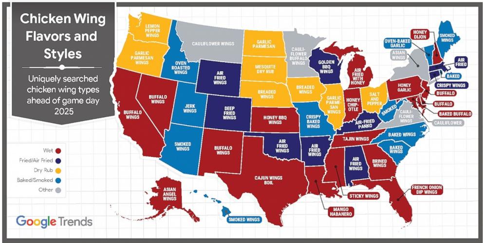 PHOTO: A map of Super Bowl chicken wing trends across the U.S.